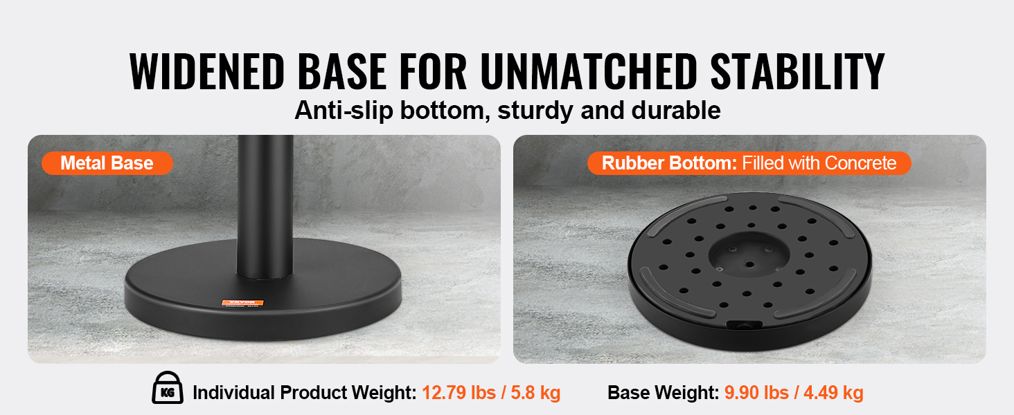 widened base for unmatched stability in VEVOR crowd control stanchions with rubber and metal options.