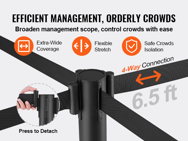 VEVOR crowd control stanchions: efficient 4-way connection for safe, flexible, and wide crowd management.