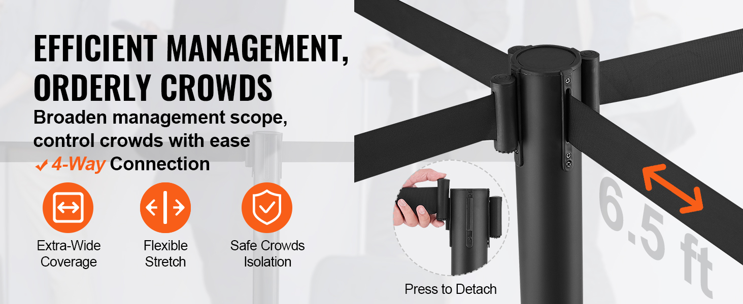 VEVOR crowd control stanchions: efficient 4-way connection for safe, flexible, and wide crowd management.