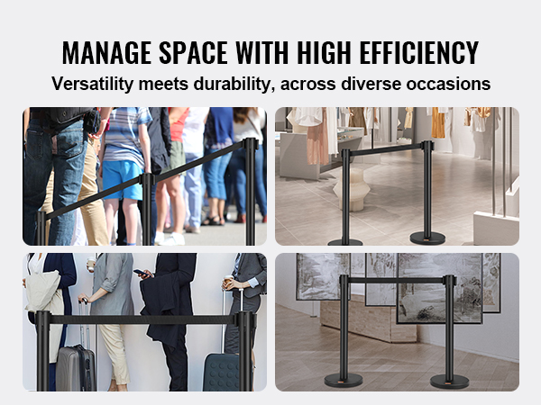 VEVOR crowd control stanchions in use at various locations, ensuring efficient space management.