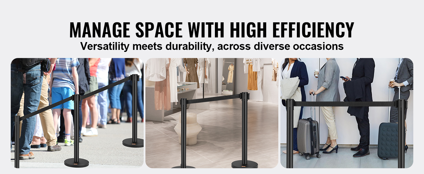 VEVOR crowd control stanchions in use at various locations, ensuring efficient space management.