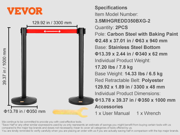 VEVOR crowd control stanchions with red retractable belt, carbon steel pole, and stainless steel base. specifications included.