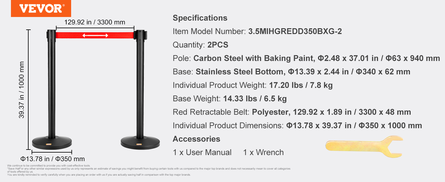 VEVOR crowd control stanchions with red retractable belt, carbon steel pole, and stainless steel base. specifications included.