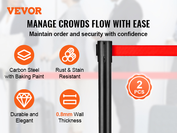 VEVOR crowd control stanchions for managing crowd flow, featuring carbon steel, rust resistance, and durability.