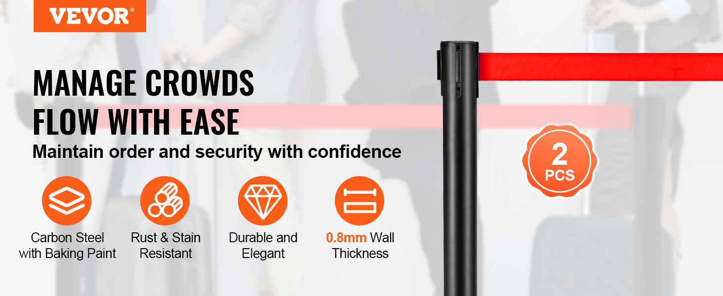 VEVOR crowd control stanchions for managing crowd flow, featuring carbon steel, rust resistance, and durability.