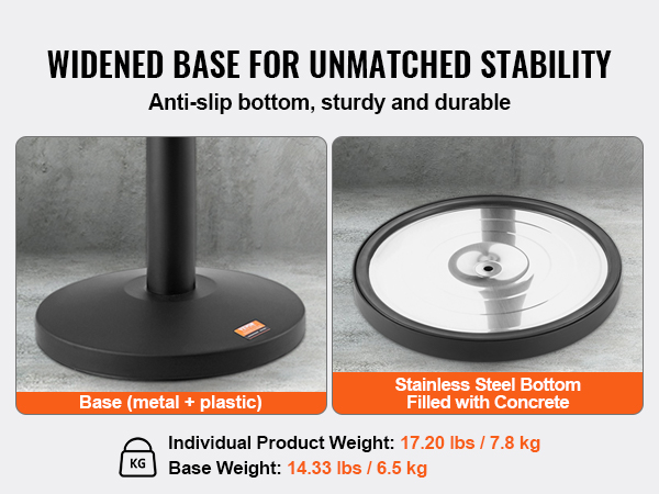 VEVOR crowd control stanchions with widened base, anti-slip bottom, and stainless steel bottom filled with concrete.