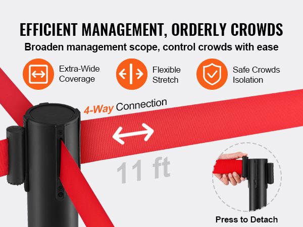 efficient crowd control with VEVOR stanchions, featuring extra-wide coverage and 4-way connection.