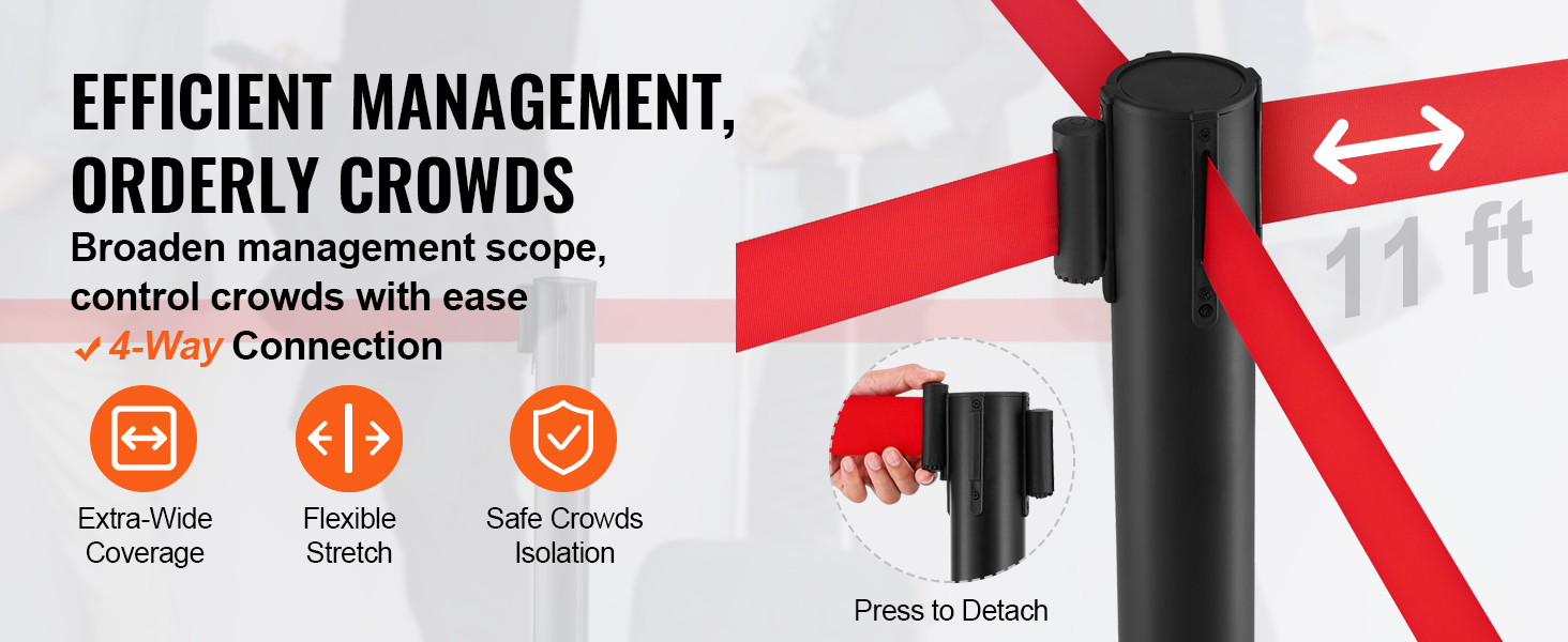 efficient crowd control with VEVOR stanchions, featuring extra-wide coverage and 4-way connection.