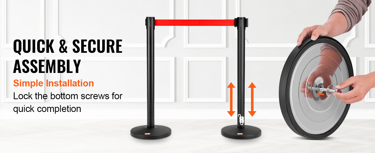 quickly assemble VEVOR crowd control stanchions with easy screw lock for secure setup and simple installation.