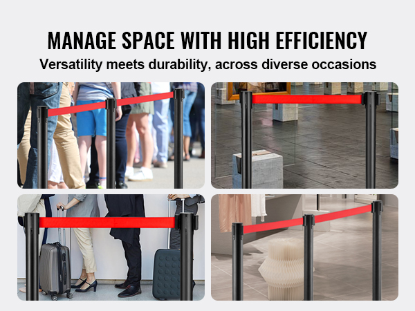 VEVOR crowd control stanchions managing queues at events, retail, and airports with efficiency and durability.