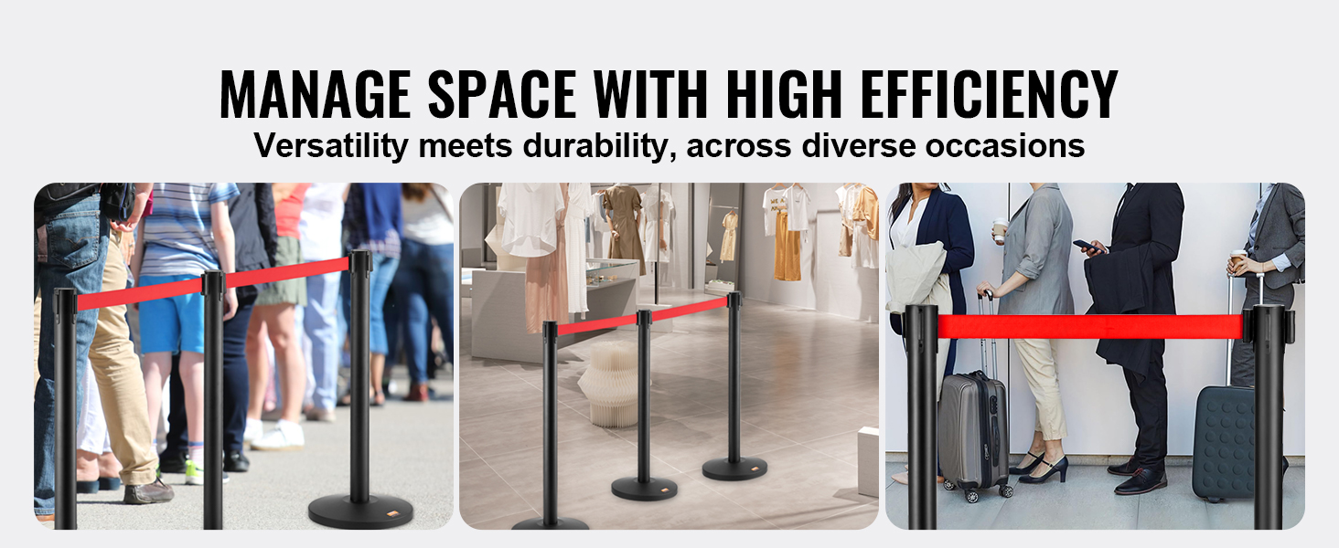 VEVOR crowd control stanchions managing queues at events, retail, and airports with efficiency and durability.