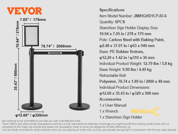VEVOR crowd control stanchions, 2 poles with retractable belt, sign holder, and specifications.