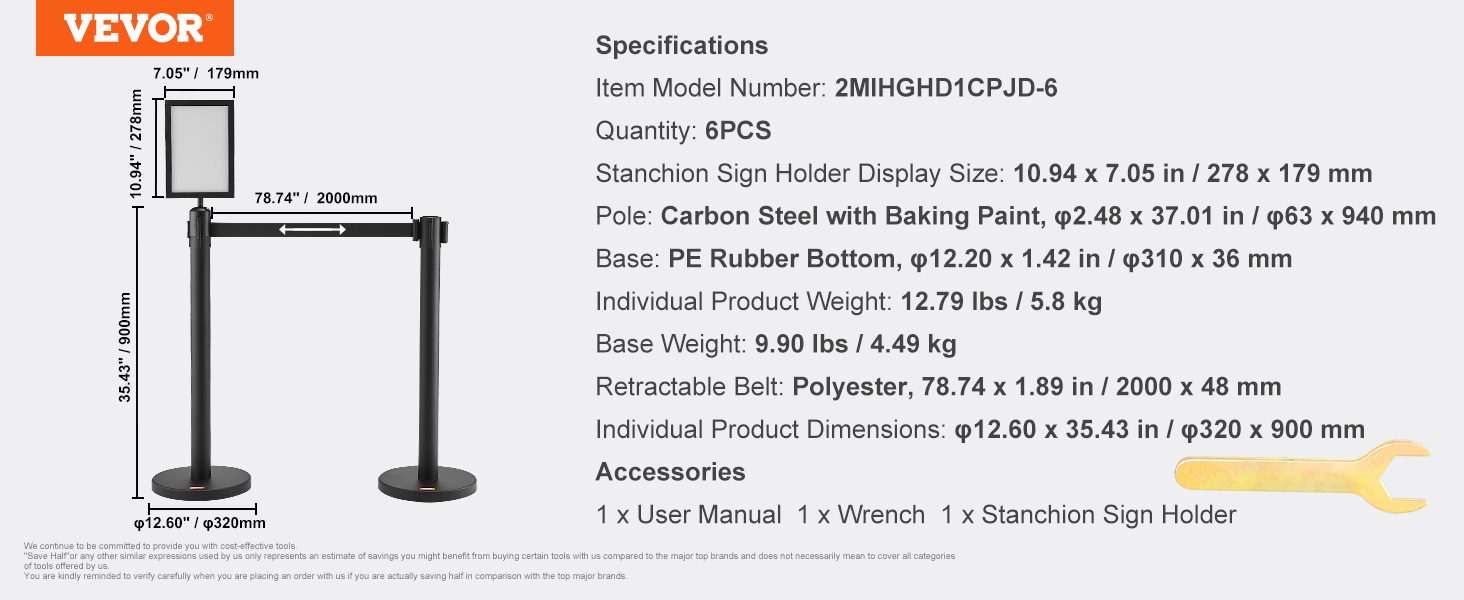 VEVOR crowd control stanchions, 2 poles with retractable belt, sign holder, and specifications.