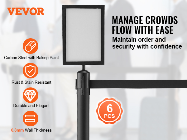 VEVOR crowd control stanchions for managing crowds, rust-resistant, durable, 0.8mm wall thickness, 6 pieces.