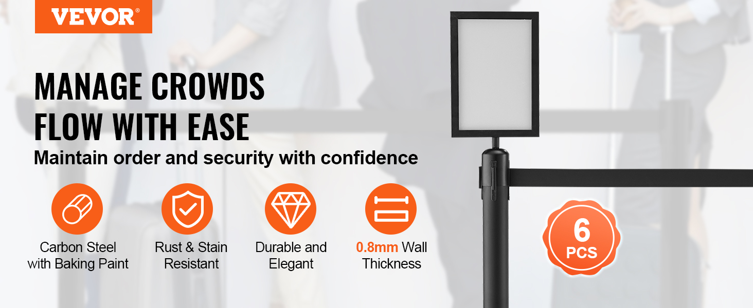 VEVOR crowd control stanchions for managing crowds, rust-resistant, durable, 0.8mm wall thickness, 6 pieces.