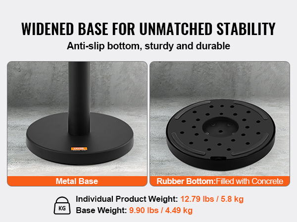 widened bases of VEVOR crowd control stanchions, featuring anti-slip metal and concrete-filled rubber options.