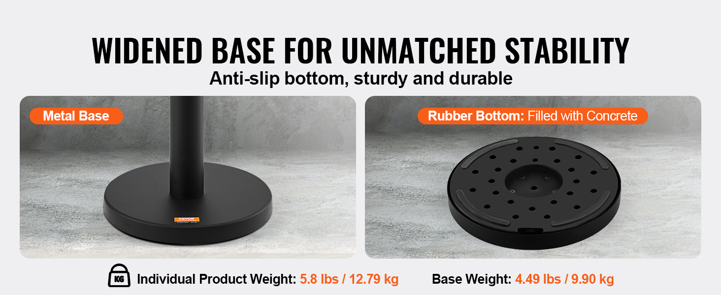 widened bases of VEVOR crowd control stanchions, featuring anti-slip metal and concrete-filled rubber options.