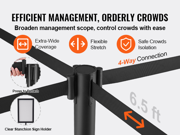 efficiently manage crowds with VEVOR crowd control stanchions featuring 4-way connection and flexible stretch.