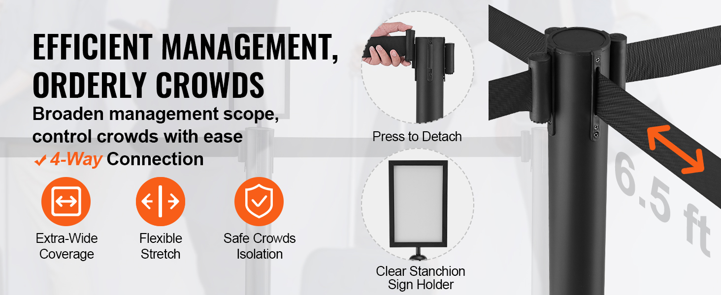efficiently manage crowds with VEVOR crowd control stanchions featuring 4-way connection and flexible stretch.