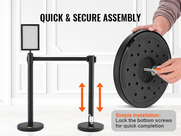 quick and secure assembly of VEVOR crowd control stanchions with easy screw lock installation.
