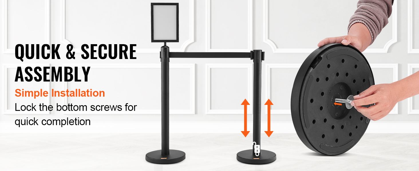 quick and secure assembly of VEVOR crowd control stanchions with easy screw lock installation.
