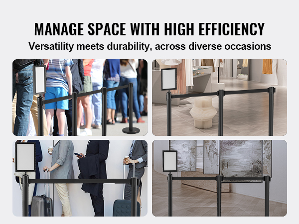 VEVOR crowd control stanchions used in various settings including retail, airport, and events.