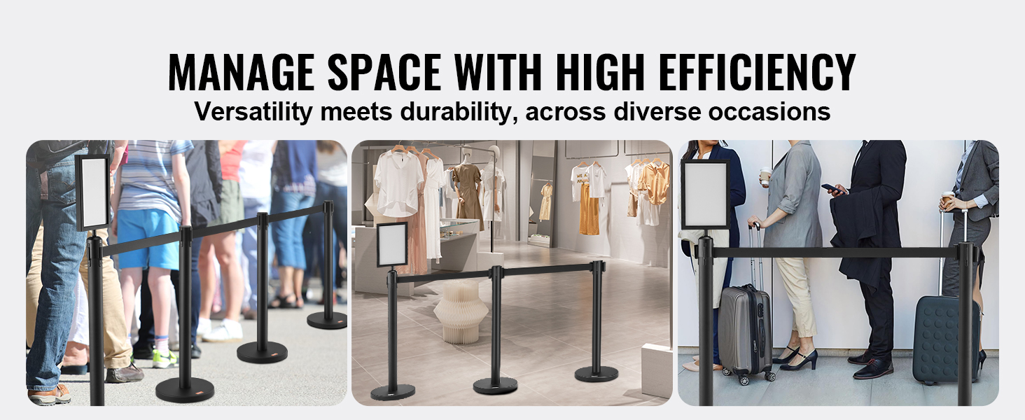 VEVOR crowd control stanchions used in various settings including retail, airport, and events.