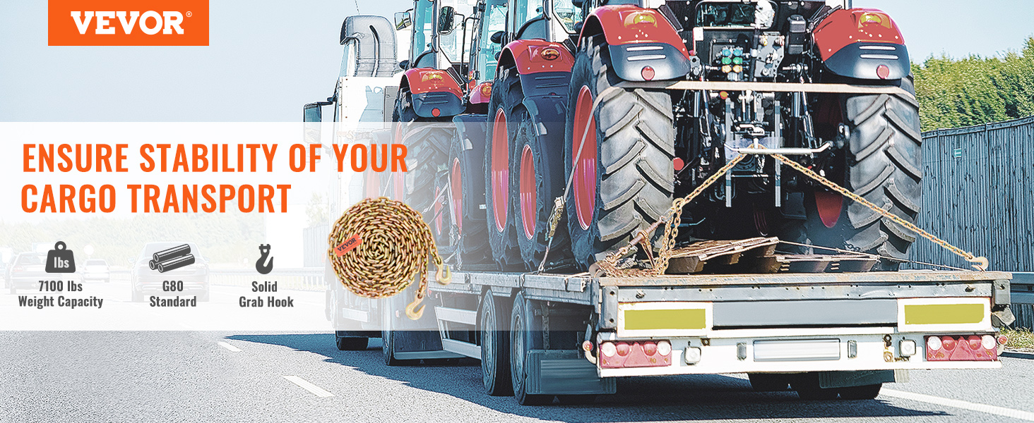 VEVOR transport binder chain securing tractors on a trailer, ensuring stability and safe cargo transport.