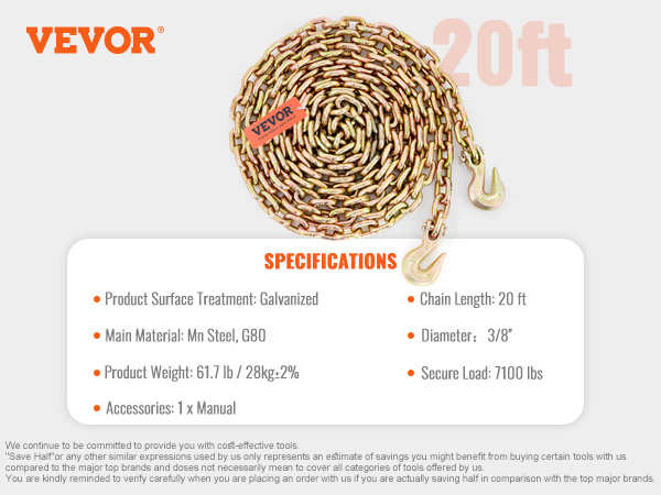 VEVOR transport binder chain, 20ft galvanized steel chain with hooks, 3/8" diameter, 7100lbs load.