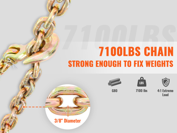 Транспортная связующая цепь VEVOR, грузоподъемность 7100 фунтов, диаметр 3/8 дюйма, g80, экстремальная нагрузка 4: 1, сверхпрочная.