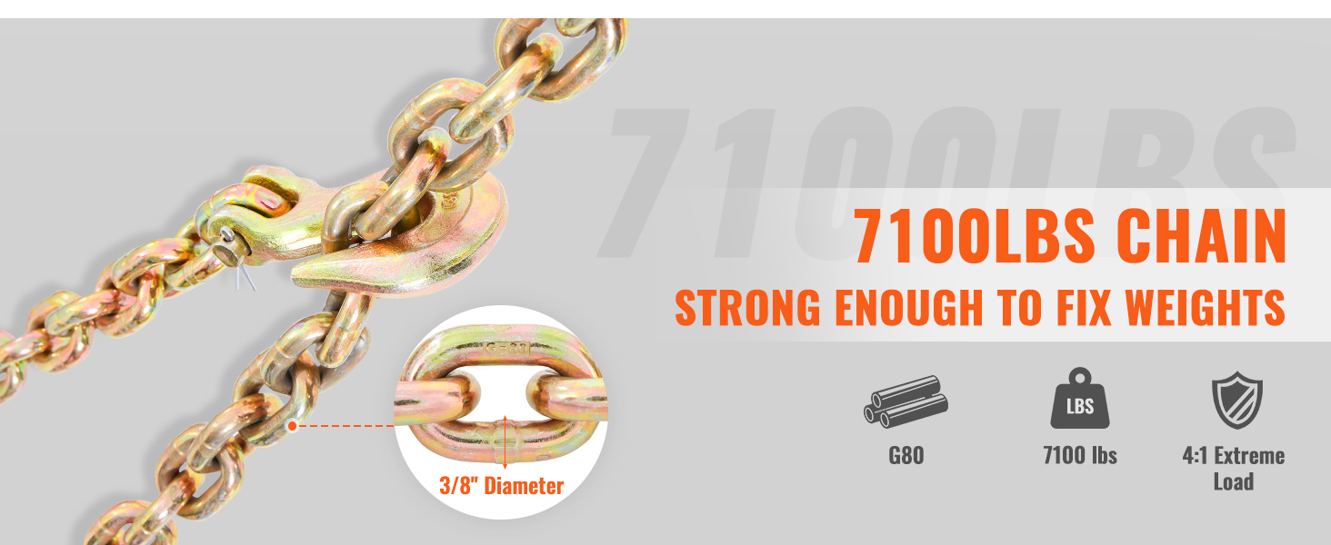 Транспортная связующая цепь VEVOR, грузоподъемность 7100 фунтов, диаметр 3/8 дюйма, g80, экстремальная нагрузка 4: 1, сверхпрочная.