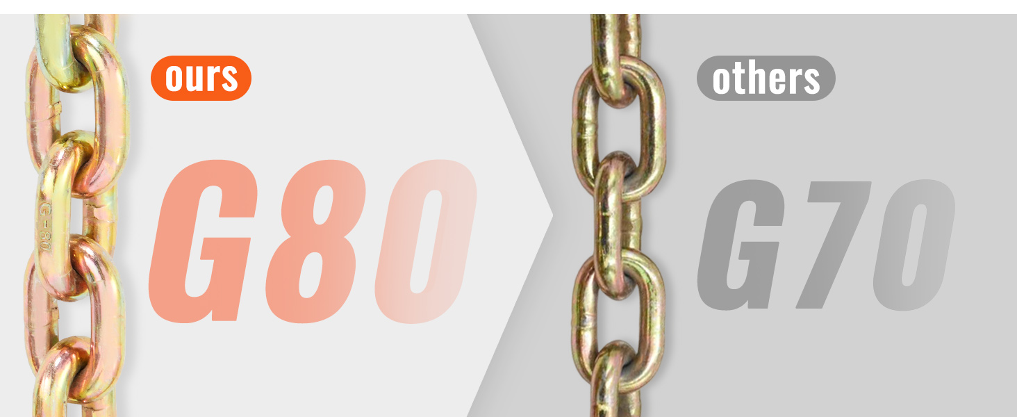 Сравнение транспортной связующей цепи VEVOR g80 с цепью g70. "наши" выделены оранжевым, "другие" - серым.