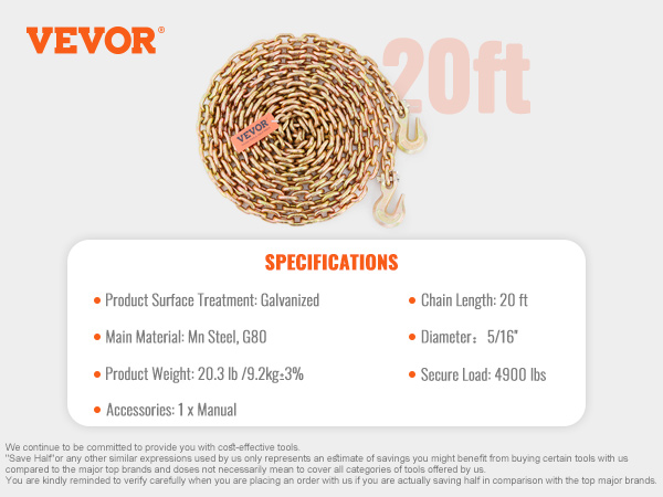 VEVOR transport binder chain, 20 ft, galvanized mn steel, 4900 lbs secure load capacity, 5/16" diameter