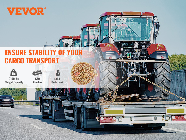 truck transporting tractors using VEVOR transport binder chain with 7100 lbs capacity, g80 standard, solid grab hook.