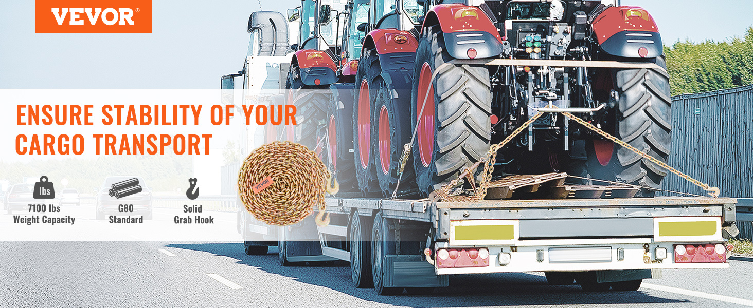 truck transporting tractors using VEVOR transport binder chain with 7100 lbs capacity, g80 standard, solid grab hook.