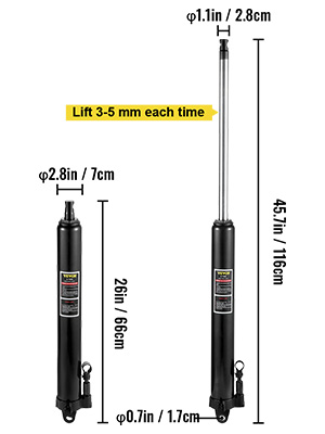 VEVOR hydraulic long ram jack with measurements and lifting range.