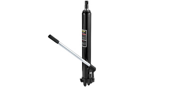 black VEVOR hydraulic long ram jack with handle, standing upright against white background.