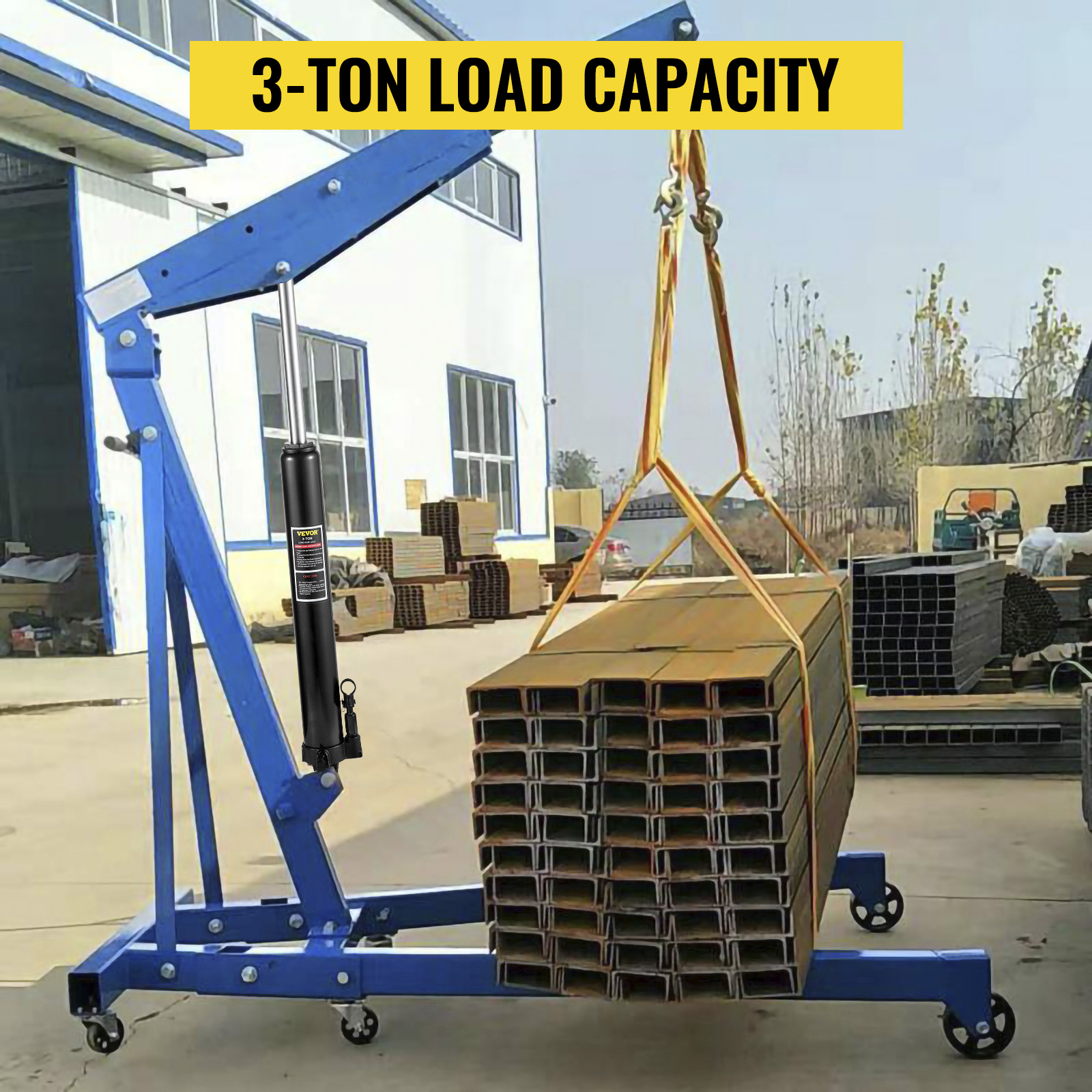 VEVOR hydraulic long ram jack lifting metal beams with 3-ton load capacity.