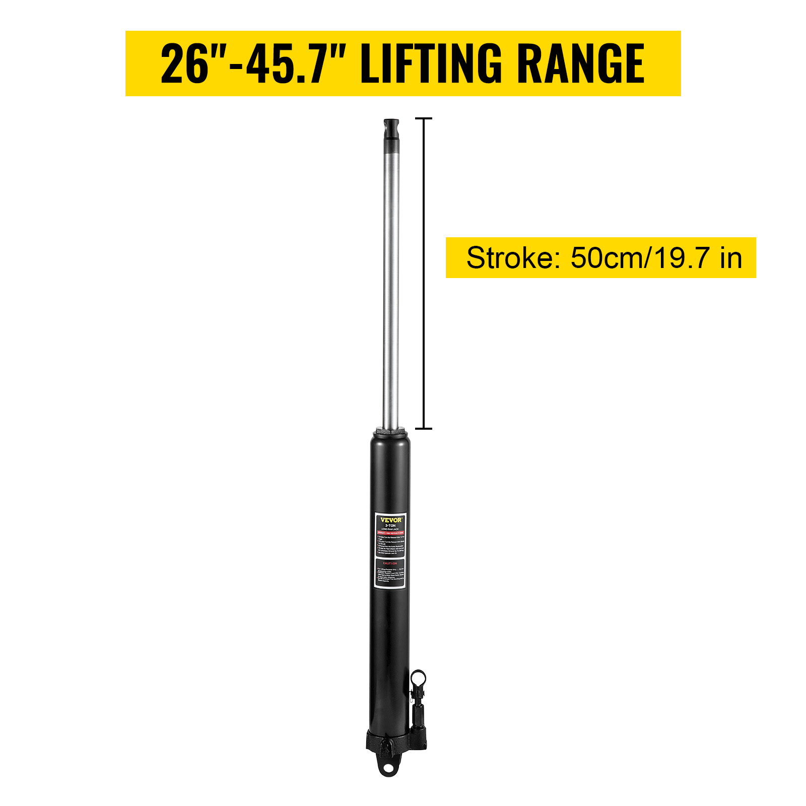VEVOR hydraulic long ram jack with 26"-45.7" lifting range and 50cm stroke.
