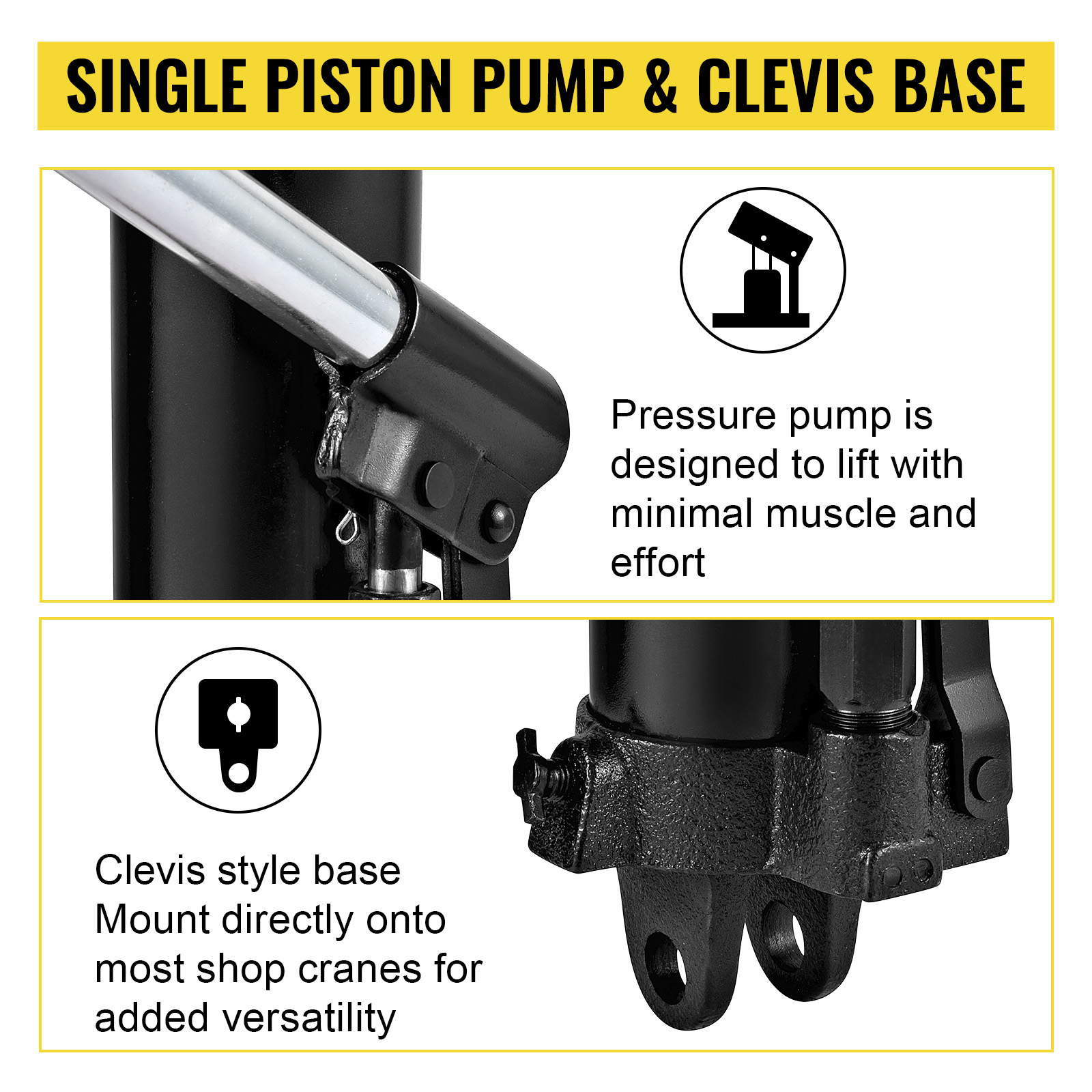 single piston pump and clevis base for VEVOR hydraulic long ram jack.