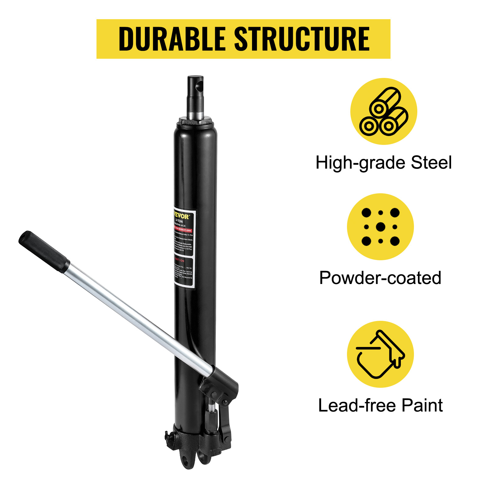 VEVOR hydraulic long ram jack made of high-grade steel, powder-coated, lead-free paint.