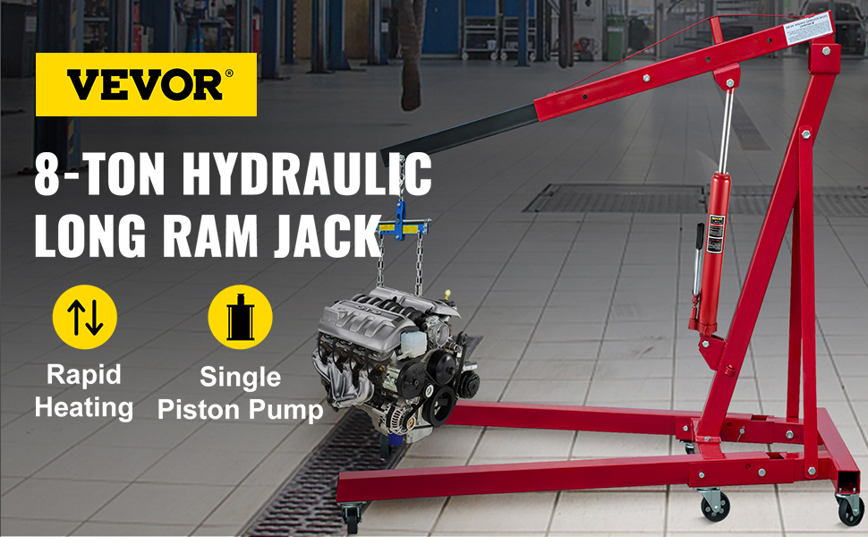 VEVOR 8-ton hydraulic long ram jack lifting an engine, showcasing rapid heating and single piston pump.