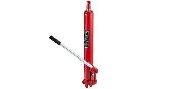 red VEVOR hydraulic long ram jack with a black grip handle and silver pump.