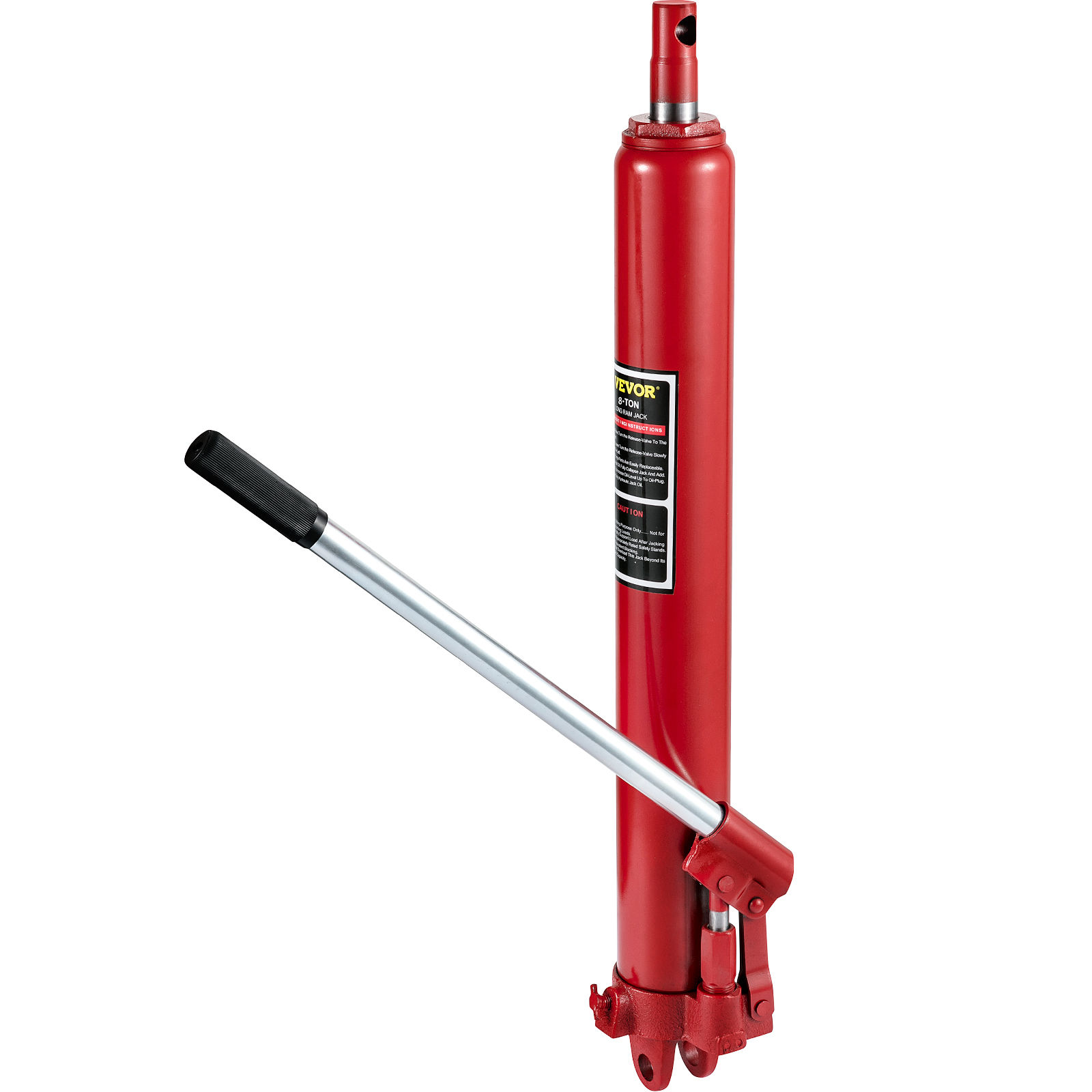red VEVOR hydraulic long ram jack with a black handle and clear labeling.