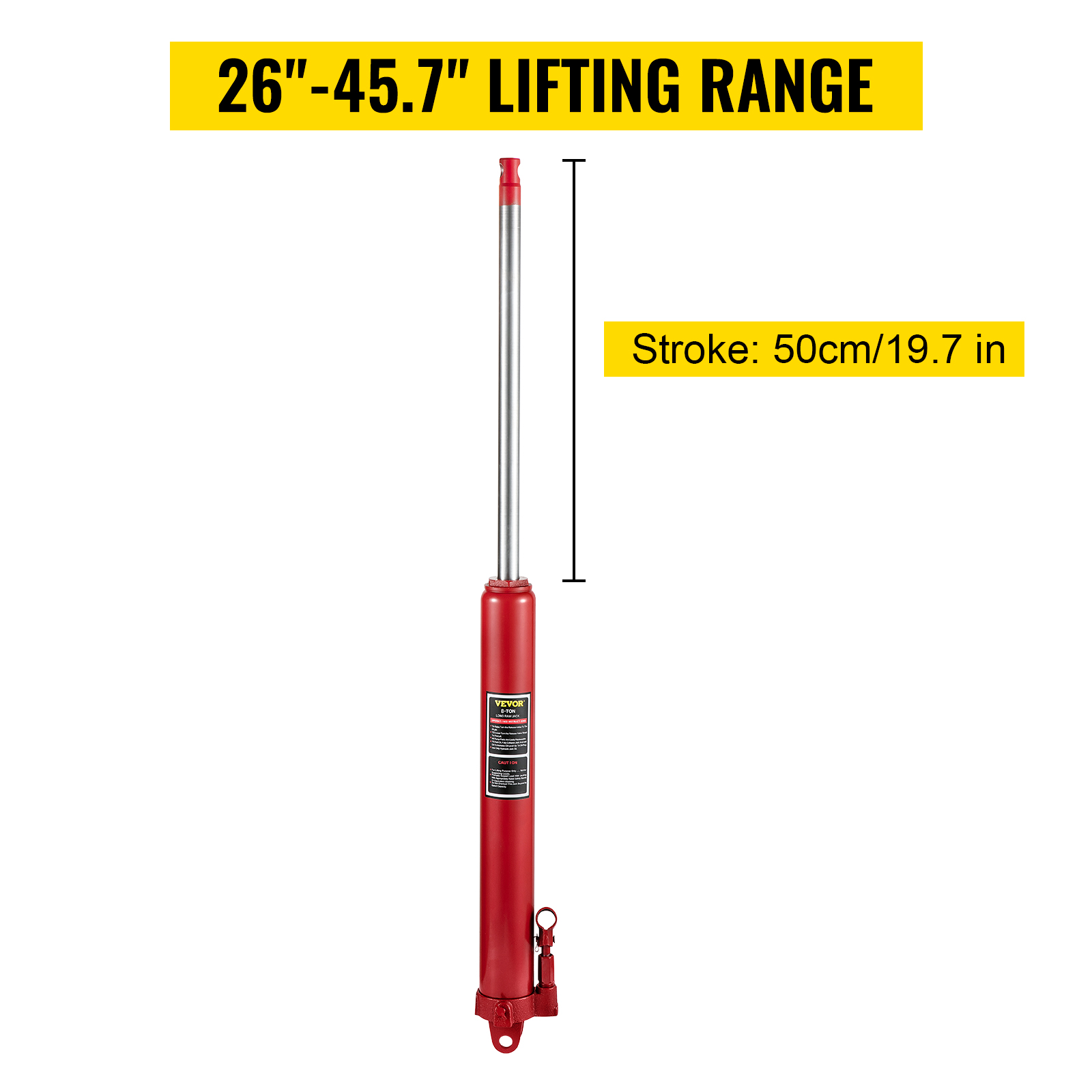 VEVOR hydraulic long ram jack with 26"-45.7" lifting range, stroke 50cm/19.7in, red cylinder.