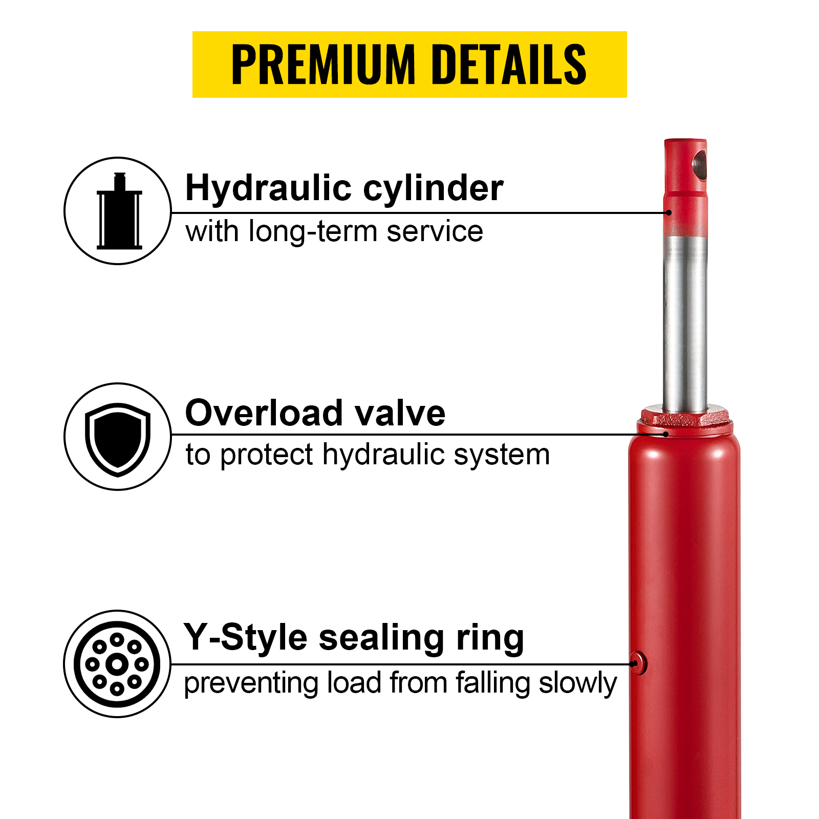 VEVOR hydraulic long ram jack details: hydraulic cylinder, overload valve, y-style sealing ring.