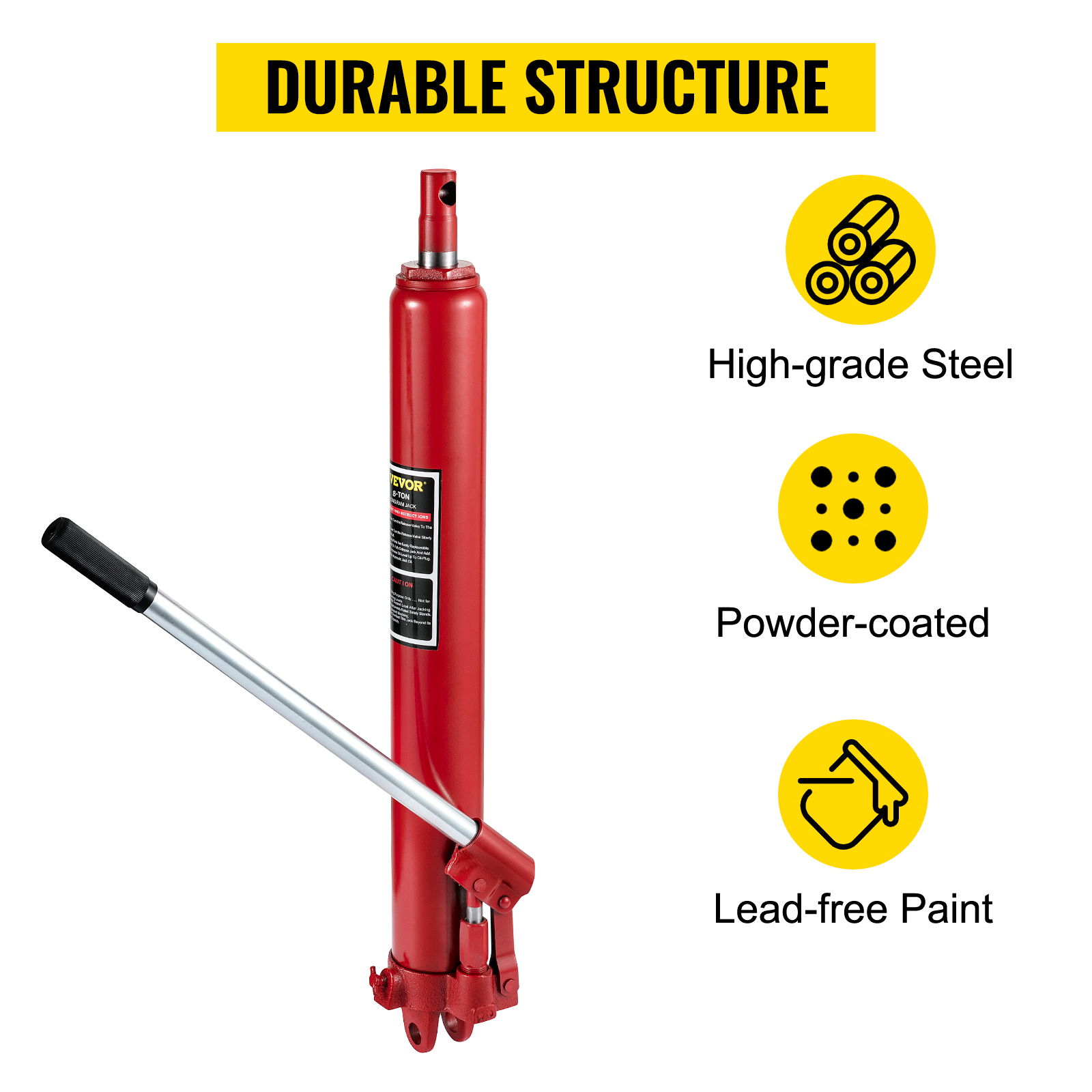VEVOR hydraulic long ram jack featuring high-grade steel, powder-coated finish, and lead-free paint.