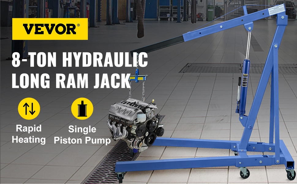 VEVOR 8-ton hydraulic long ram jack lifting engine in a workshop with rapid heating.