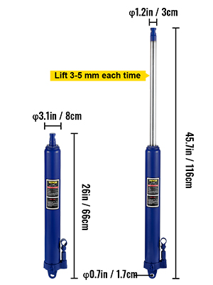 VEVOR hydraulic long ram jack with dimensions 26in/66cm and 45.7in/116cm.