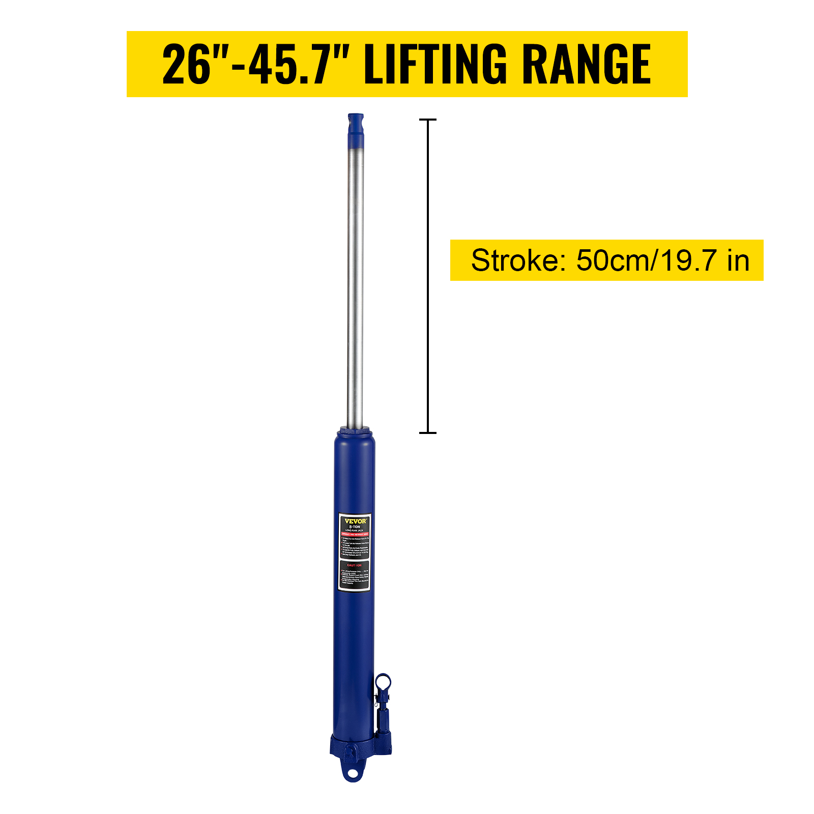 VEVOR hydraulic long ram jack with 26"-45.7" lifting range and 50cm stroke